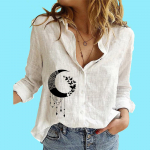 Naiste &otilde;huke puuvillane linane topp naiste mood, rev&auml;&auml;rkrae, kardigans&auml;rk, naiste vabaaja kuuprintiga pluusid S valge