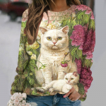 Anime Cat Prindiga naiste T-s&auml;rgid Vintage stiilis kampsun puuvillane O-kaelus Y2k pikkade varrukatega naisteriided Suur t&auml;navapullover 2XL