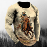 Vintage Westside Cowboy Print Autumn Meeste O-kaelusega T-s&auml;rk vabaaja pikkade varrukatega Suurem&otilde;&otilde;dulised T-s&auml;rgid Moetopsid Trendikas meeste r&otilde;ivad S