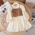 Kevad-s&uuml;gis beebi&uuml;likonnad t&uuml;drukute vest + pikkade varrukatega kleidid 2-osaline lastele armas printsesskleit lastele &scaron;ifoon Vestido 2 -10T 90cm beež