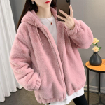Paks ja soe keskmise pikkusega lambavillane mantel kapuutsiga Faux Lazy Style naistele S roosa