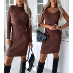 Mood s&uuml;gis Elegantne kootud naiste kleidikomplektid Talvine soliidne pikkade varrukatega kaheosaline kleit Talvine seksikas &otilde;htupidu 2-osalised kleidid 30462 S pruun