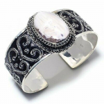 Natural Orange Scolecite Gemstone 925 Sterling Silver Cuff Bracelet Adjst. i7s37