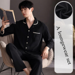 Meeste kevade ja s&uuml;gise t&auml;iustatud mugavustundega pidžaamad, uued puuvillased pikkade varrukatega lihtne noorte kodu&uuml;likonna komplekt L must