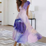 Naiste pikk kleit Maxi kleit vabaaja kleit Sifoonist kleidid Swing Kleit vabaaja t&auml;iskasvanud &otilde;ues Igap&auml;evane kohting, volangidega l&uuml;hikeste varrukatega V-kaelusega kleit L