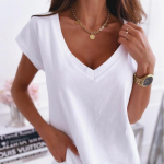 VEZFAA naiste moe vabaaja suve kevade &uuml;hev&auml;rvilise tr&uuml;kiga l&uuml;hikeste varrukatega V-kaelusega pluusid ja s&auml;rgid L valge