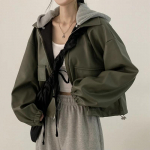 S&uuml;gis-Ameerika &scaron;ikk vintage l&uuml;hike jope Naiste retro High Street pikkade varrukatega nahkmantel mood t&otilde;mblukk kapuuts stiilis &uuml;ler&otilde;ivad S armee roheline v&auml;rv