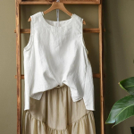 Suvine puuvillane linane kunstiline avara varrukateta vestiga topp naistele Pluusid & S&auml;rgid M
