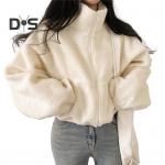 Naiste talvemantel Paks fliisist aluskrae Kaela kaitse T&otilde;mblukuga L&uuml;hike kardigan Pikad varrukad K&uuml;lmakindlad &uuml;ler&otilde;ivad Kooli v&auml;lisjope L hall