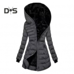 Naiste puuvillane talvemantel kapuutsiga T&otilde;mblukuga voodriga polsterdatud sulejope Winddoof keskmise pikkusega pikad varrukad elastsete k&auml;tistega v&auml;lismantel L must