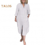 Naiste pikkade varrukatega n&ouml;&ouml;bitav s&auml;rk-kleit, lahtine puuvillane linane V-kaelusega pikk kleit taskutega, suvine vabaaja r&otilde;ivastus S kollane