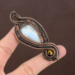 Rainbow Moonstone, Tiger Eye Copper Wire Wrap Pendant 3.15 l0b70