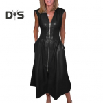 Naiste kunstnahast esilukuga pikk kleit V-kaelusega varrukateta smock-k&otilde;rge v&ouml;&ouml;kohaga plisseeritud kleit &ouml;&ouml;klubi peokleit M hall