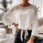 QICED Naistemood vabaaja &uuml;hev&auml;rvilise tr&uuml;kiga pikkade varrukatega O-kaelusega pluusid ja s&auml;rgid S valge