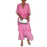 Naiste langev &scaron;ifoonist pulmak&uuml;lalise kleit volangidega poolvarrukatega impeeriumi v&ouml;&ouml;kohaga kroogetega m&auml;hiskleit V-kaelusega astmeline A-l&otilde;ikeline kleit M roosa punane v&auml;rv