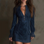 Naiste seemisnahast kleit V-kaelusega, lukuga, pitsiga, pikkade varrukatega, &uuml;hev&auml;rviline, vintage kleit M