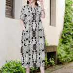 Vintage printiga pikk kleit naistele Suures suuruses avara l&uuml;hikeste varrukatega mood Elegantne naiste kleit suvine vintage riietus XL