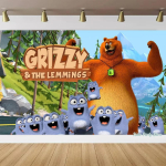 Multikas GRizzy ja Lemmingsid teemaline s&uuml;nnip&auml;evapeo kaunistuse taust karu beebipidu b&auml;nner plakat fotograafia taust 180X150CM beige