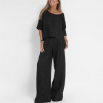 Vabaaja mood Taskup&uuml;ksid Ranna&uuml;likond Kevad-suvi l&uuml;hikeste varrukatega pluus, Pullover, Naiste puuvillane ja linane &uuml;hev&auml;rviline kaheosaline &uuml;likond 2XL must
