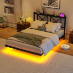 120x200 cm, Kahekohaline voodiraam LED-valgustuse ja laadimisjaamaga, Ujuv voodiraam, Metallvoodi, Tugev ja stabiilne, Lihtne kokkupanek (ilma madratsita 205 x 120 x 92 cm