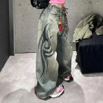 RogueWave Y2K Roosa Baggy Jeans Vintage Tr&uuml;kimustriga Pestaud Rebitud Jeans Hip Hop Streetwear Harajuku Mehed Naised Vabaaja Laiade S&auml;&auml;rtega Jeans M gray