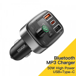 Essager 50W USB autolaadija telefoni jaoks Fm saatja Bluetooth 5.0 k&auml;ed vabad autokomplekt MP3-m&auml;ngija kiirlaadija autotelefoni laadija must