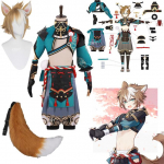 Gorou Cosplay Kost&uuml;&uuml;m Gorou Cosplay Kost&uuml;&uuml;m Mehed Sinine Rebane Poiss Kost&uuml;&uuml;m Halloween P&uuml;ksid Saba K&otilde;rvad T&auml;iskomplekt L-(Full set+wig)