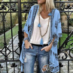 Naiste mood 3/4 varrukatega lillelised vabaaja kimonod, tr&uuml;kitud vabaaja kardiganid suures suuruses L sinine