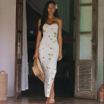 Lillelise mustriga puhkuse vabaaja kleit naiste mood vintage strapless seksikas peokleit daam uus elegantne slim fit l&otilde;ikega piluga bodycon pikk kleit 600 S valge