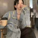 Retro Raw Edge vintage teksajakk naiste kevadiseks ja s&uuml;giseks avaralt liibuv pikkade varrukatega jakk S helesinine v&auml;rv