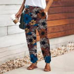 Naiste 3D pruunid lilled prinditud p&uuml;ksid pitsiga elastsed v&ouml;&ouml;kohad lahtised p&uuml;ksid vabaaja pikad p&uuml;ksid taskutega p&uuml;ksid XS pruun