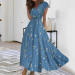 Naiste pikk kleit Maxi kleit vabaaja kleit Sifonki kleidid Swing kleit &uuml;hev&auml;rviline vabaaja t&auml;iskasvanud &otilde;ues igap&auml;evane kohting Voldis l&uuml;hikeste varrukatega V-kaelusega kleit L