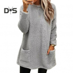 Naiste kahe taskuga talvine dressipluus Pure Color Plush &uuml;mara kaelusega l&otilde;dva keskmise pikkusega sviiter, vabaaja t&scaron;&auml;rk kontoris peotreeninguteks S must