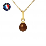 Pendentif - PERLINEA - V&eacute;ritable Perle de Culture Chocolat 5-6 mm - Or Jaune - Cha&icirc;ne Argent 42 cm