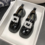 Kevad S&uuml;gis Loafers Pu Nahast Kingad Naiste Paksud Tallad Ruudukujuline Varvas &Uuml;ksikkingad College Retro Rhinestones Pumbad Mokassiinid 35 must