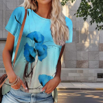Naiste suvine lilleprindiga T-s&auml;rk, retro stiilis l&uuml;hikeste varrukatega t-s&auml;rgid, vabaaja tr&uuml;kitud topid XS sinine