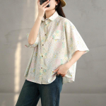 2025 suvi uus Mori retro tr&uuml;kiga l&uuml;hikeste varrukatega s&auml;rk naiste lahtine v&auml;ike v&auml;rske rev&auml;&auml;riga vabaaja kardigan topp Large size 2XL valge