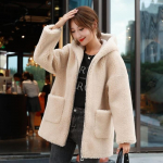 Talvine kapuutsiga shearling mantel naistele, paksendatud pikk fliisjakk, soe pealisr&otilde;ivas S khaki