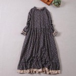 Mori t&uuml;druk, s&uuml;giskevadine naiste avar pikk kleit, volangidega kraega lilleline Cottagecore kleit Vintage puuvillane volangidega Elegantne &scaron;ikk kleit One Size tumesinine v&auml;rv