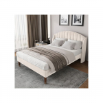 Lit - MUVOE - 140x190 cm - Velours beige - Sommier &agrave; lattes - T&ecirc;te de lit rembourr&eacute;e beež