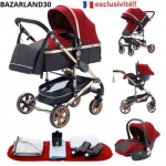 BAZARLAND30.Poussette Combin&eacute;e 3 en 1 Si&egrave;ge-Auto Nacelle Trio R&eacute;versible R&eacute;glable Haute Qualit&eacute; Roues increvables Rouge punane