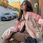Roosad t&otilde;mblukuga k&auml;rbitud jakid naistele Y2k Streetwear Sweet PU nahkjakk 90ndate Vintage Varsity jakid Harajuku mantlid L roosa