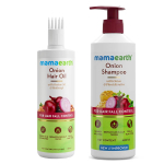 Mamaearth Sibula Duo Juuste v&auml;ljalangemise kontrolliks: Sibulajuukse&otilde;li 250 ml + Sibulashampoon 400 ml