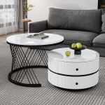 Elegantne 2-osaline valge kohvilauakomplekt, pesastuv kuju, 60*60*46cm & 50*50*31cm, marmorist v&auml;limus, 2 sahtlit, kandev&otilde;ime kuni 30kg valge