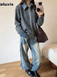S&uuml;gis Talv Uus Prantsuse Mood Lihtne Disain Denim Plaaster Kudum Kampsun Mantel Naiste Polo Kaelusega Kardigan One Size tumehall v&auml;rv