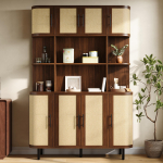 K&otilde;rge kapp, buffet rotangist esiosaga, MDF-korpus, 8 ust, must k&auml;epide, rauast jalad, hoiukapp modernse disainiga 120 x 20 x 180 cm