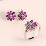 Naturaalne rodoliit, granaat, lillede disain, s&otilde;rmus k&otilde;rvar&otilde;ngad, ehete komplekt 925 h&otilde;be, moedisain naiste peened ehted, igap&auml;evane kandmine US RING SIZE 6# lilla