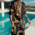 Suvine &otilde;huke meeste O-kaelusega l&uuml;hikeste varrukatega + l&uuml;hikesed p&uuml;ksid Flame Lion Face 3D tr&uuml;kitud mustriga mood vaba aja veetmise avara T-s&auml;rgi komplekt Spordi&uuml;likond XL