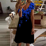 Suvemood naiste V-kaelusega l&uuml;hikeste varrukatega n&auml;rbuvate lilledega kleit Sekskleit XS sinine