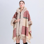 Naiste ruuduline kunstkarusnahast kaunistus pont&scaron;o tartan hubane ka&scaron;miirist neemesall Talvine silmkoeline narmastega kapuutsiga kardiganmantel tuttidega naistele One Size